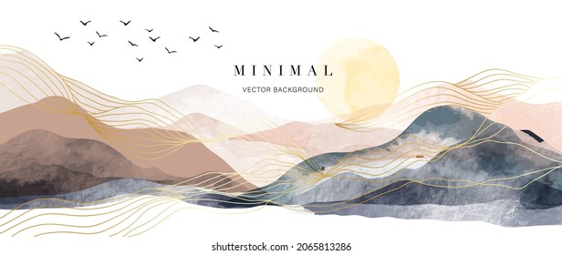 Mountain background vector. Minimal landscape art with watercolor brush and golden line art texture. Abstract art wallpaper for prints, Art Decoration, wall arts and canvas prints.  - Shutterstock ID 2065813286