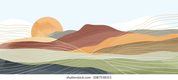 Mountain background vector. Minimal landscape art with watercolor brush and golden line art texture. Abstract art wallpaper for prints, Art Decoration, wall arts and canvas prints. 