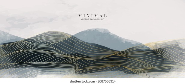 Mountain background vector. Minimal landscape art with watercolor brush and golden line art texture. Abstract art wallpaper for prints, Art Decoration, wall arts and canvas prints. 