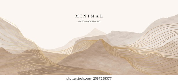 Mountain background vector. Minimal landscape art with watercolor brush and golden line art texture. Abstract art wallpaper for prints, Art Decoration, wall arts and canvas prints. 