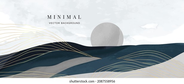 Mountain background vector. Minimal landscape art with watercolor brush and golden line art texture. Abstract art wallpaper for prints, Art Decoration, wall arts and canvas prints. 