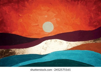 Vector de fondo de montaña. Mínimo arte del paisaje con pincel acrílico y textura de línea dorada. Fondo de pantalla de arte Abstractas para estampados, obras de arte, arte de pared y lienzos.