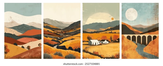 Mountain background vector. Minimal landscape art with watercolor brush line art texture. Abstract art wallpaper for prints, Art Decoration, wall arts and canvas prints.