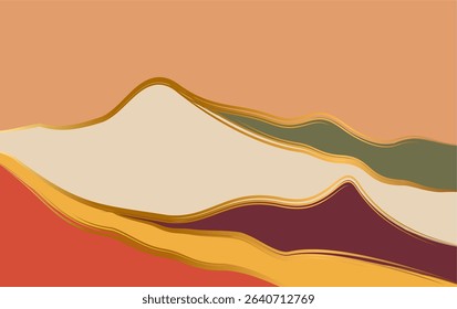 Mountain background vector. Minimal landscape art with watercolor brush and golden line art texture