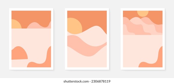 Mountain background wall art vector set. Sunrise and sunset with fog in mountains. Earth tones landscapes abstract arts wallpaper design for wall framed prints, canvas prints, poster and home decor.