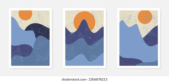 Mountain background wall art vector set. Sunrise and sunset with fog in mountains. Earth tones landscapes abstract arts wallpaper design for wall framed prints, canvas prints, poster and home decor.