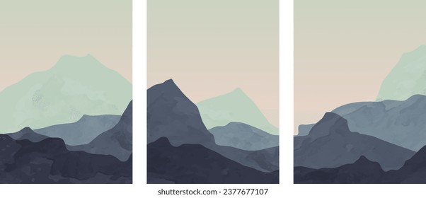 Mountain background wall art vector set. Sunrise and sunset with fog in the mountains. Earth tones landscapes abstract art, watercolor texture. wallpaper design for wall prints, canvas prints, posters