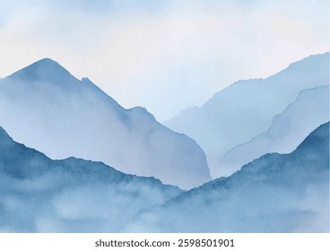 Mountain background with watercolor texture. Mountains and clouds, waves. Stains, fog, dry forms. Watercolor vector paintings. 
