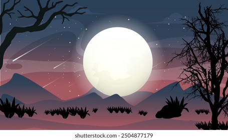 Mountain backgrounds night sky with stars and moon and clouds.