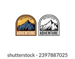 mountain badge adventure logo design with afternoon scene on frame for sport and adventure