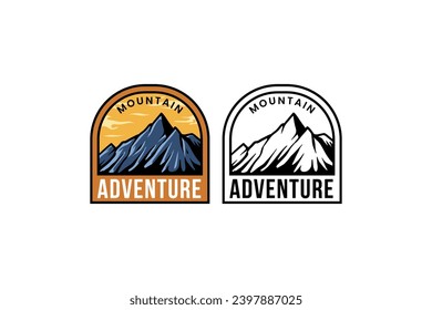 mountain badge adventure logo design with afternoon scene on frame for sport and adventure