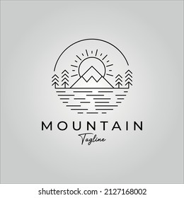 Mountain Badge Line Art Logo Vector Illustration Design. Adventure Outdoor, Tree And Sun Line Art Logo