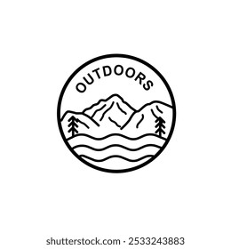 mountain badge line art logo, vector illustration design, adventure outdoor, tree and sun line art logo