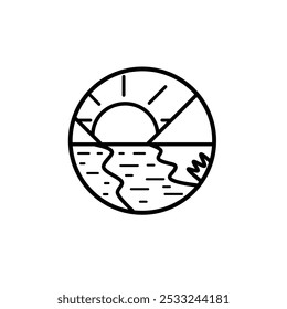 mountain badge line art logo, vector illustration design, adventure outdoor, tree and sun line art logo
