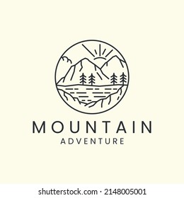 mountain with badge and linear style logo icon template design.adventure,cloud,sun,river, tree, vector illustration
