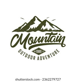 Logo de la Bandera de Montaña, ilustración de montaña, aventura al aire libre. Gráfica vectorial para impresiones de camisetas y otros usos.