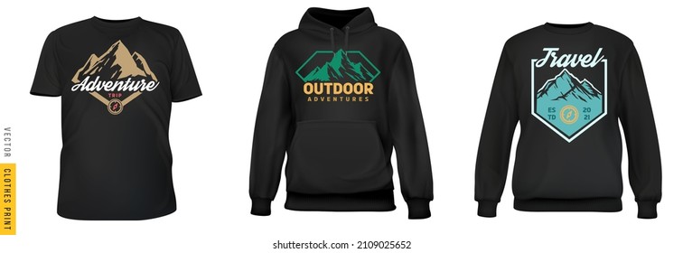 Mountain badge print. Set realistic t-shirt, sweatshirt, hoodie base cloth isolated on simple background. Mockup for branding man or woman fashion. Design casual template. 3d vector illustration.