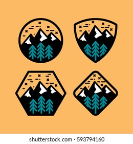 mountain badge set in circular, shield shape, hexagon and square