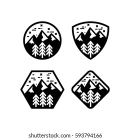 mountain badge set in circular, shield shape, hexagon and square isolated in white background