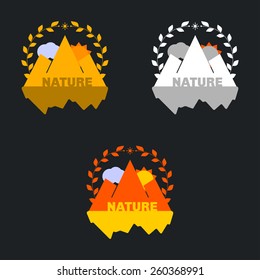 Mountain badge set with wreath. Can be used as stickers, logos, background for packages. 