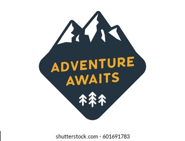 Mountain badge with text adventure awaits. Isolated graphic in white background