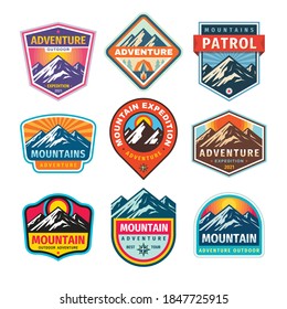 Mountain badges set. Adventure outdoor creative vintage logo design. Climbing hiking emblem collection. Vector illustration. 