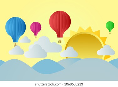 mountain with balloon illustration, papert art background