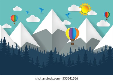 Mountain and balloon paper on green sky background, eps 10