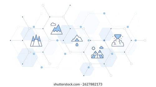 Mountain Banner Vector Illustration with Icon Style in Between. Line Duotone icon. Containing. mountains, mountain, field, volcano.