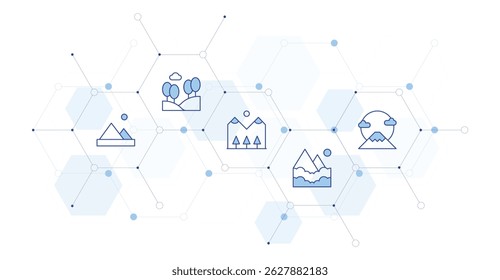 Mountain Banner Vector Illustration with Icon Style in Between. Line Duotone icon. Containing. mountains, hill, mountain, fuji.