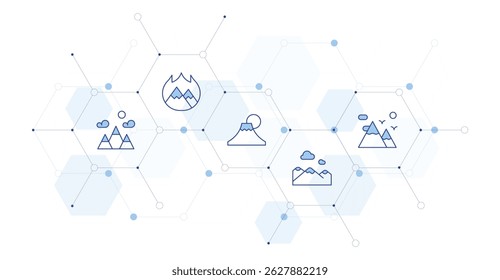 Mountain Banner Vector Illustration with Icon Style in Between. Line Duotone icon. Containing. mountain, burning, fuji mountain, mountains.