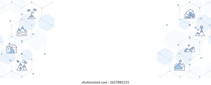 Mountain Banner Vector Illustration with Two-sided Icon Style. Line Duotone icon. Containing. mountain, river, mountain range, trekking, north star.