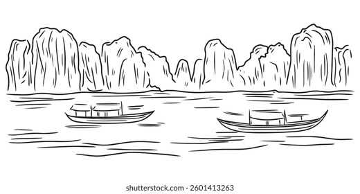 mountain bay with boats vector in hand drawn black and white line art, peaceful scenery illustration