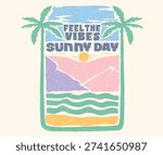 Mountain with beach abstract design. Enjoy beach life. Surfing club vector graphic design for apparel, stickers, posters, background and others. Abstract palm tree design. Beach paradise design. Abstract wave artwork. 