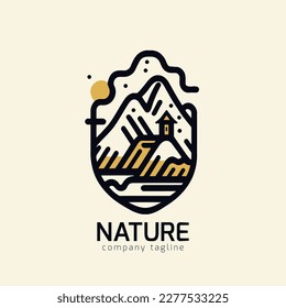 mountain beach cliff sea logo design template monoline style. vector illustration