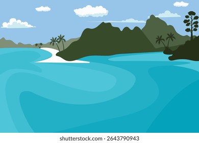 Mountain beach illustration design vector with sunny weather