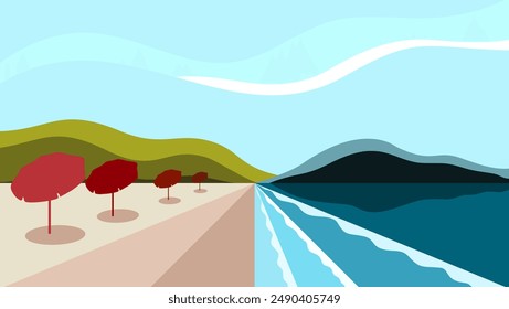 Mountain beach landscape, flat color illustration