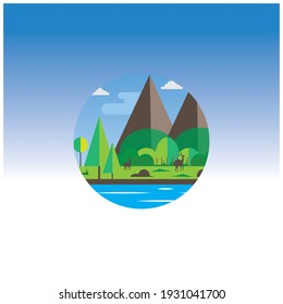 Berg- und Strandlandschaft, Vektorgrafik des Hirschkreisdesigns, Hintergrund