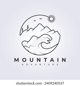 Mountain and beach line art logo illustration design with daytime nuances