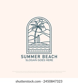 Diseño de logotipo de playa de montaña con arte de línea de Vector simple ilustración minimalista Plantilla, diseños de logotipo de verano