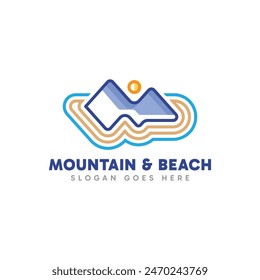 Diseño de logotipo de montaña y playa con concepto de diseño de línea geométrica moderna.