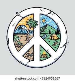 mountain and beach with peace symbols