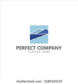 Mountain and beach scenery within blue colored square vector logo. Logo for company, brand, industry, office, finance, agency, service, brand, and organization.