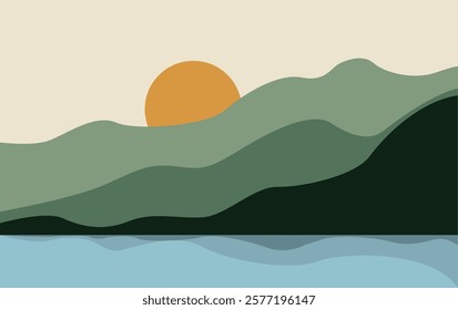 Mountain and beach With Sun Vector Background