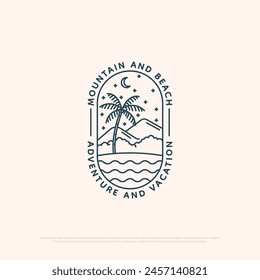 Mountain and beach vacation logo design with line art simple vector minimalist illustration template, travel agency logo designs