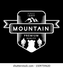 Mountain, Bear and Forest Trees Silhouettes Logo.  Premium Quality on Black Background. Ribbon, Nature, Cliff and Animal Depicted on Logotype Template Vector Flat Illustration