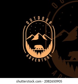 mountain and bear logo vintage vector illustration template icon graphic design. adventure outdoor at night forest with concept retro badge and typography style