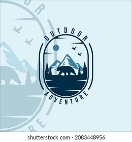 mountain and bear logo vintage vector illustration template icon graphic design. outdoor adventure symbol with retro badge and typography