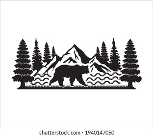 Mountain And Bear Printable Vector Illustration, Mountain Svg, Bear SVG, Mountain And Bear clipart, Tree Mountain Decoration, Nature Art svg