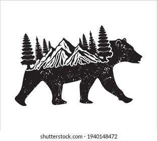 Mountain And Bear Printable Vector Illustration, Mountain Clipart, Bear Clipart, Mountain And Bear clipart, Tree Mountain Decoration, Nature Art, Illustration  vector 